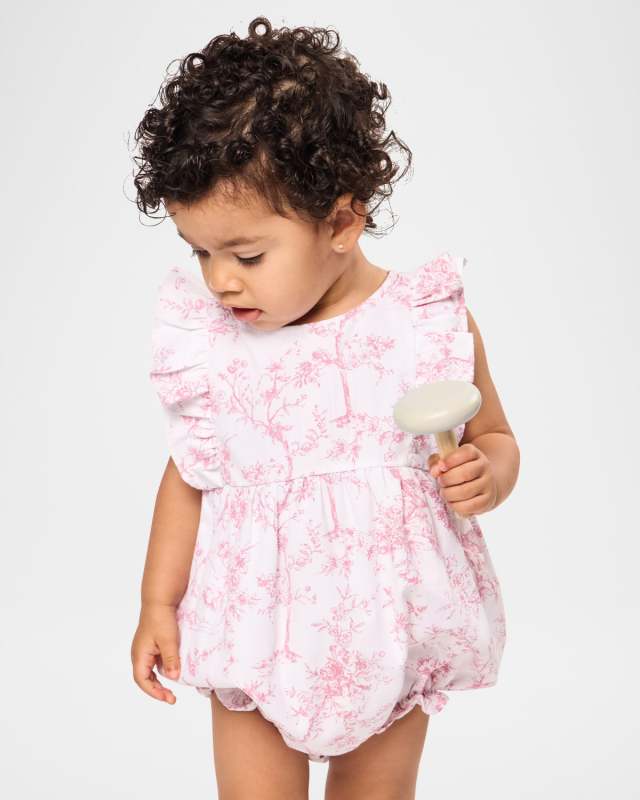 Girl's Timeless Toile Ruffled Romper, Size 0M-24M
